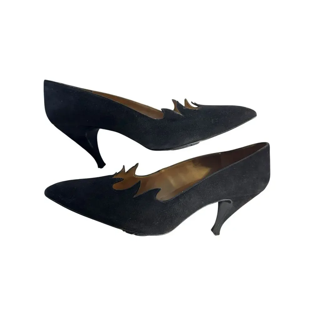 Vintage Timothy‎ Hitsman Women Suede Leather Heels Scalloped Waves Black 6.5M